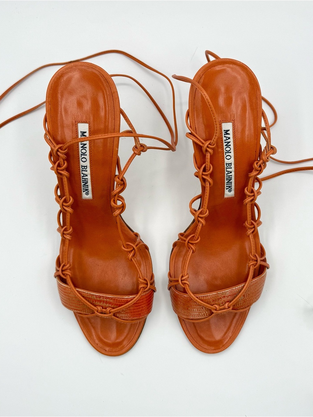 Manolo Blahnik orange knotted, strappy heel sandals, size 38